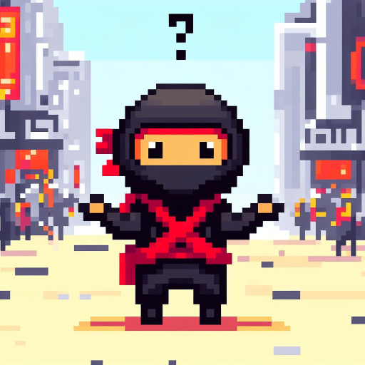 Dibujo de ninja al estilo pixelart con los brazos abiertos expresando duda. Tiene un símbolo de interrogación encima de la cabeza.